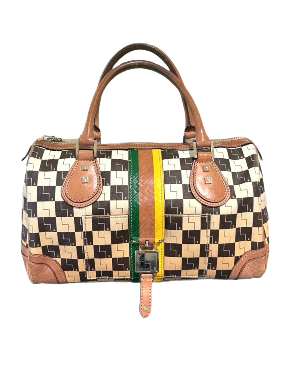 L.A.M.B. ~ Gwen Stefani Monogram Satchel Signature Print Brown Tan Leather - Picture 4 of 16